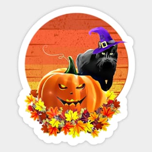 Black cat with witch hat, catoween halloween, jack pumpkin, spooky moon Sticker